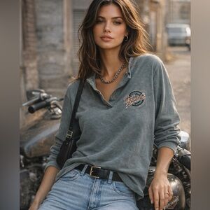 Women's Vintage 90's Harley Davidson Motorcycles Black Henley T Shirt Tee Sz L